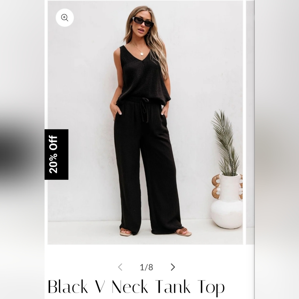 Black Linen Tank Top and Wide Leg Pants Set